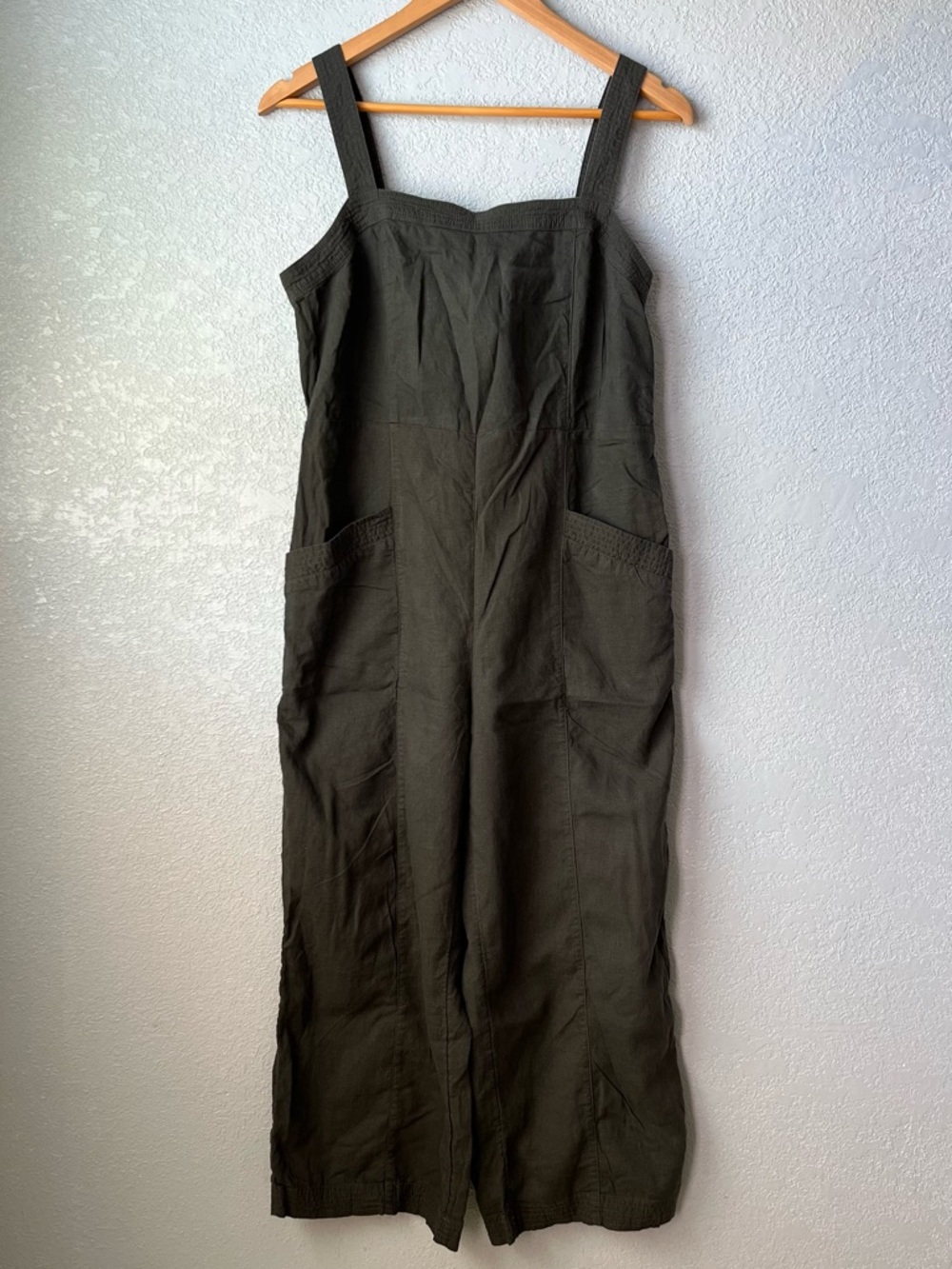 Nicole Miller Olive Jumpsuit Wide Leg Linen Blend Minimalist Pockets Sz 6